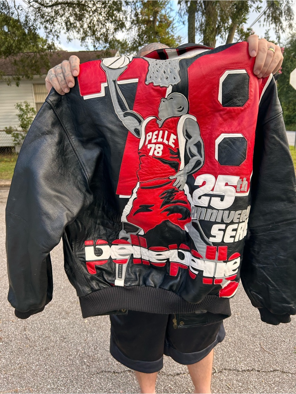 Pelle Pelle Black and Red Leather Varsity Bomber Jacket with Graphic Back